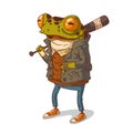 A thug frog with a bat, isolated vector illustration. Casually dressed anthropomorphic frog, holding a baseball bat