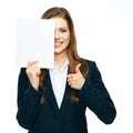 Thumb. Business woman show board, banner with copy space. Royalty Free Stock Photo