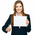 Thumb. Business woman show board, banner with copy space. Royalty Free Stock Photo