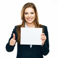 Thumb. Business woman show board, banner with copy space Royalty Free Stock Photo