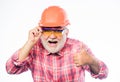 Thumb up. architect repair and fix. engineer worker career. mature bearded man in hard hat. man builder isolated on Royalty Free Stock Photo