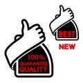 Thumb up button. 100 guarantee quality and best, new label - hand gesture icon