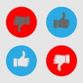 Thumb up and thumb down blue and red icons. Like and dislike icons set. Icon inside the circle, isolated on white background. Royalty Free Stock Photo