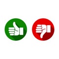 Thumb up, thumb down, green and red sillouettes. Vector