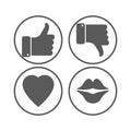 Thumb up and down, heart, lips gray icons