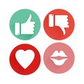 Thumb up and down, heart, lips icons. Flat design