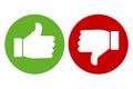 Thumb up and down icon. Icon of approval and not dirty. Green and red button of consent and denial. Vector image Royalty Free Stock Photo