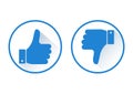 Thumb up and down. Like and dislike. Blue round icon. Vector illustration