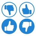 Thumb up and down. Like and dislike. Set of blue and white buttons with hands. Vector