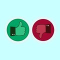 Thumb up and down red and green icons. Vector illustration. I like and dislike round buttons in flat Royalty Free Stock Photo