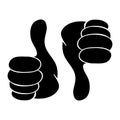 Thumb up and down silhouette icon. Black shape symbol of OK or not OK expression. LIKE or DISLIKE - social media reaction. Vector Royalty Free Stock Photo
