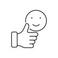 Thumb Up With Emoticon Line Icon. Best Customer Feedback Linear Pictogram. Happy Face, Like Outline Symbol. Positive