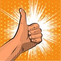 Thumb up gesture like. finger halftone. Pop art style. Vector illustration