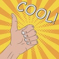 Thumb up, hand gesture - COOL. Comic illustration in pop art retro style at sunburst background with dot halftone effect, vector. Royalty Free Stock Photo