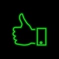 Thumb up, hand like sign. Bright glowing symbol on a black background.