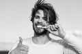 Thumb up of happy man brush teeth with toothpaste, metrosexual Royalty Free Stock Photo