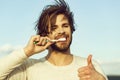 Thumb up of happy man brush teeth with toothpaste, metrosexual Royalty Free Stock Photo