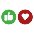 Thumb up and heart, green and red colors, white background isolated icon, media signs social icons. Flat design EPS 10 Royalty Free Stock Photo