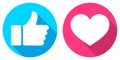 Thumb up and heart icon. Vector like and love icon. Ready like and love button for website and mobile app.