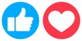 Thumb up and heart icon. Vector like and love icon. Ready like and love button for website and mobile app.