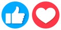 Thumb up and heart icon. Vector like and love icon. Ready like and love button for website and mobile app. Royalty Free Stock Photo