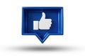 Thumb up icon in blue frame. Pin with like for social networks. 3d rendering