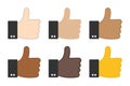 Thumb up icon in different skin tones. Povitive choice symbol. Sign yes app button vector