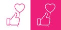 Thumb up linear icon with pink heart balloon. Pink color. Love vector illustration. Like line set. Valentines day