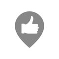 Thumb up with location mark, favorite place gray icon. Quality control, customer review symbol
