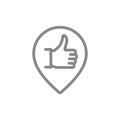 Thumb up with location mark, favorite place line icon. Quality control, customer review symbol