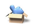 Thumb up in opened cardboard box, 3D illustration Royalty Free Stock Photo