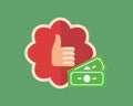 Thumb up on red badge with white edge and money