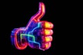 Thumb up symbol in cyberspace showing like or good. Robotic hand with data lines and power surges. Approved. Generative AI.