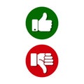 Thumb up, thumb down, green and red sillouettes. Vector