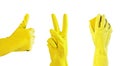 Thumb up, victory gestures, hand in glove with cleaning sponge isolated on white background Royalty Free Stock Photo