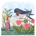 cute girl with bird and peony flowers