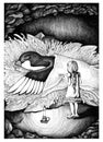 Thumbelina covered swallow. Hand drawn sketch ink illustration.