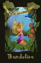 Thumbelina, fairy tale character sitting on the water lily leaf. Book cover template. Vector illustration