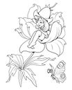 Thumbelina sitting on a flower. Fairy. Coloring page