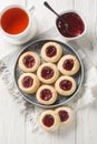 Thumbprint a buttery and crumbly vanilla cookie dough filled with delicious and tart raspberry jam closeup on the plate served Royalty Free Stock Photo