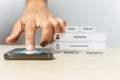 Thumbprint sensor digital data concept, Businessman fingerprint digital scan on smartphone with private.
