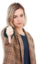 Thumbs down, fail and portrait of woman in studio isolated on white background. Face, dislike hand gesture and sad Royalty Free Stock Photo