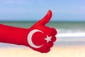 Thumbs up on the background of the sea in Turkey. A human hand painted in the colors of the Turkish flag. Royalty Free Stock Photo