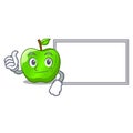 Thumbs up with board cartoon of big shiny green apple Royalty Free Stock Photo