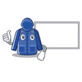 Thumbs up with board raincoat is hung in cartoon closet Royalty Free Stock Photo