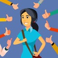 Thumbs Up Business Woman Vector. Public Approval. Asian Worker. Surrounded By Hands. Business Illustration