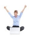 Thumbs up, celebration and business woman with laptop in studio isolated on white background. Winner, computer and Royalty Free Stock Photo