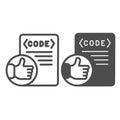 Thumbs up on code file, coding well done line and solid icon, programming concept, software vector sign on white