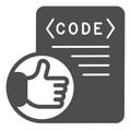 Thumbs up on code file, coding well done solid icon, programming concept, software vector sign on white background