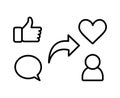 Thumbs up, comment, share, heart and followers icons. Social media icon. Linear web icons.